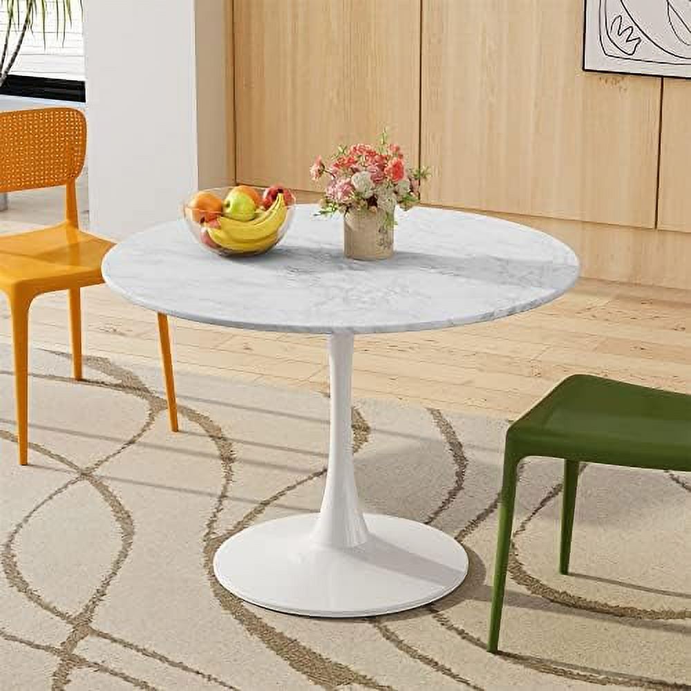 32" Round Dining Table with Printed Marble Table Top Metal Base Pedestal Table C61961