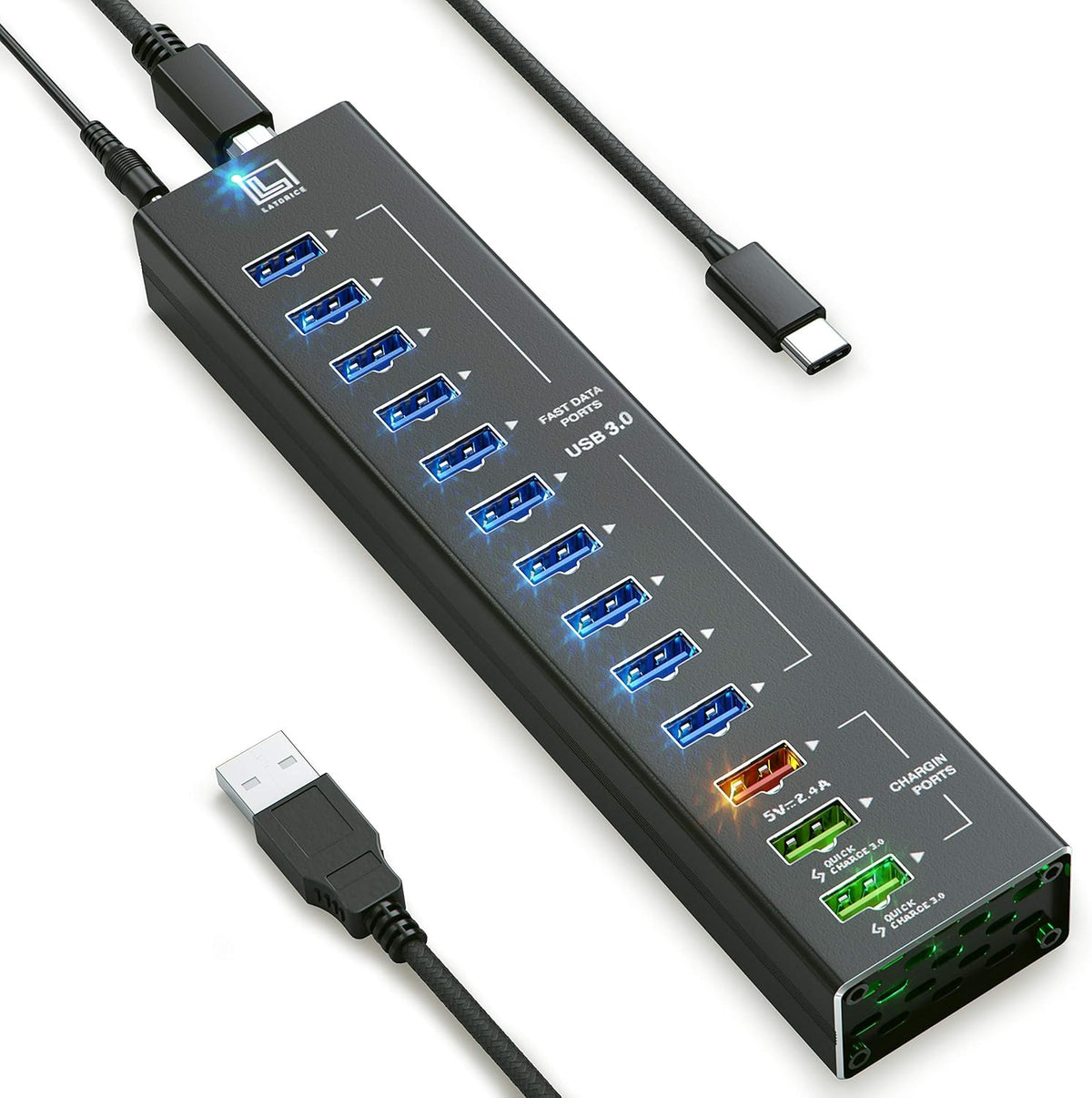 13 Multi-Port USB Hub with 10 USB 3.0 Ports, 2 IQ Quick Charge 3.0 Ports, Unibody Aluminum USB Hub, Pack of 2 X4616