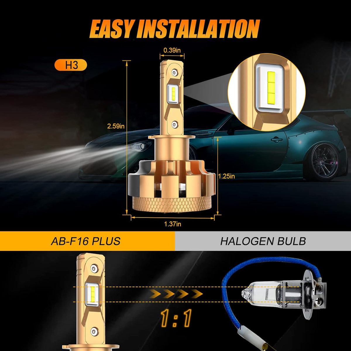 H3 LED Light Bulbs, 70W 14000lm Per Pair, 6000K Cool White, Pack of 2 E183