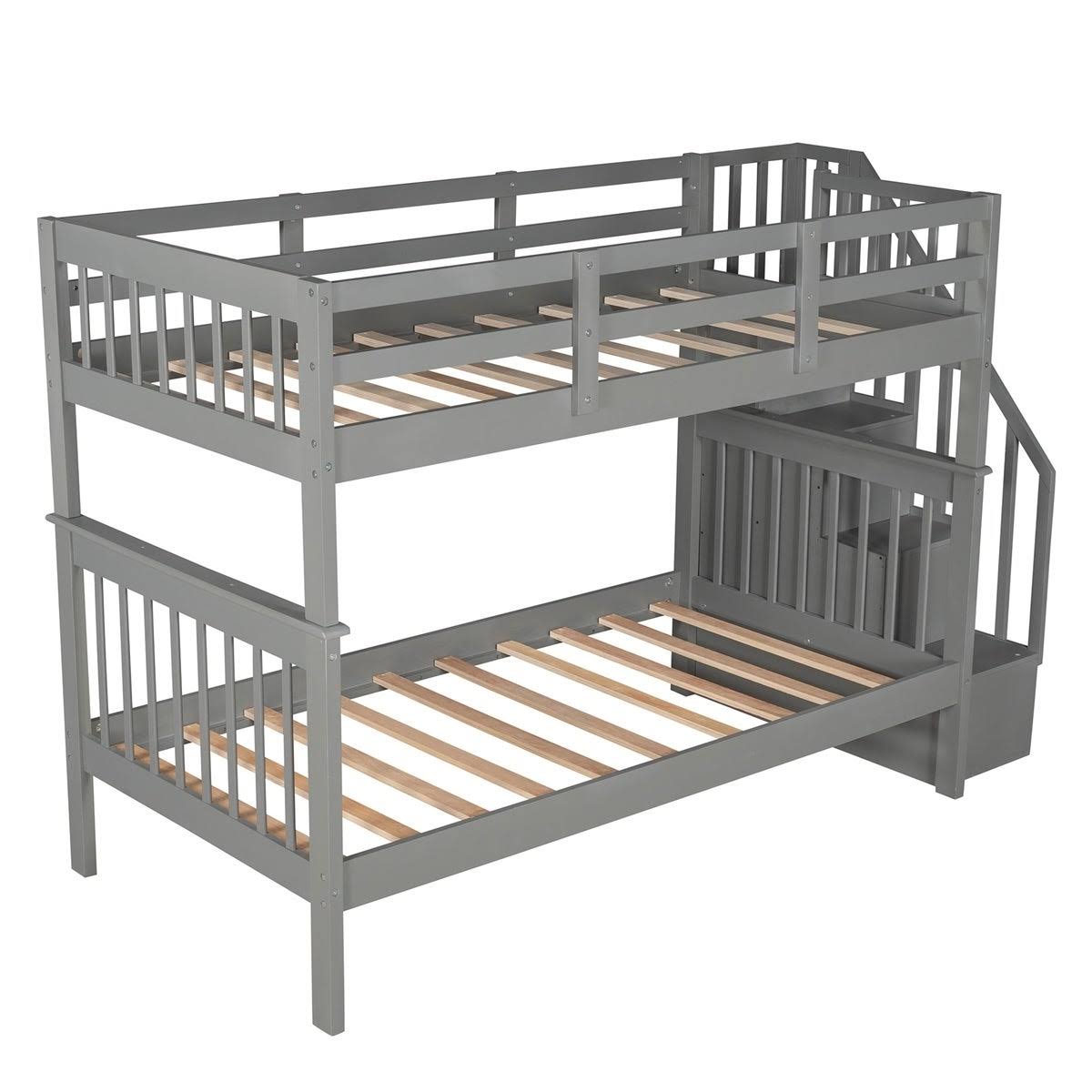 Twin-Over-Twin Bunk Bed with Stairway, Storage and Guard Rail - Grey X54911