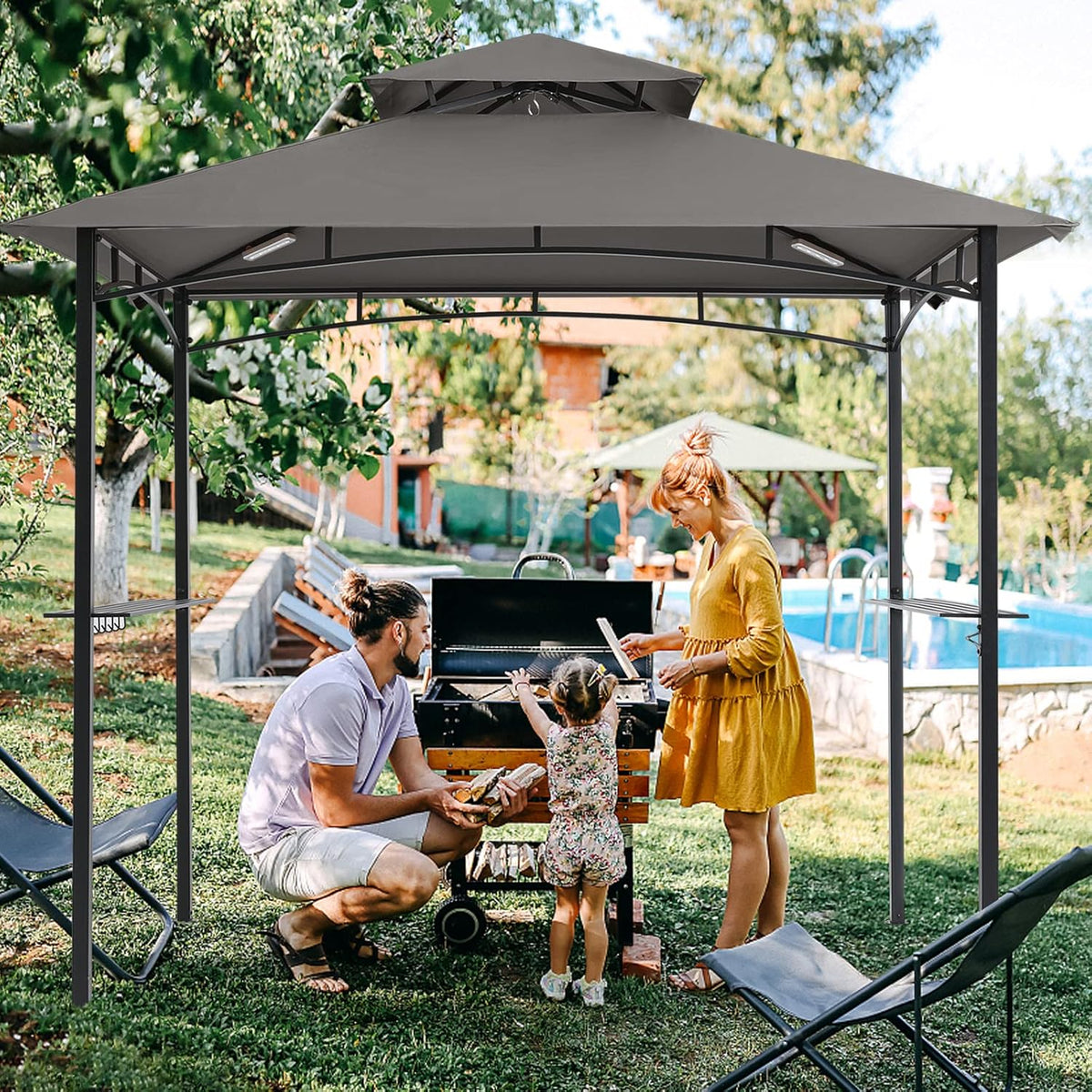 Brown 8'x 5' Outdoor BBQ Gazebo Canopy with LED Light R237