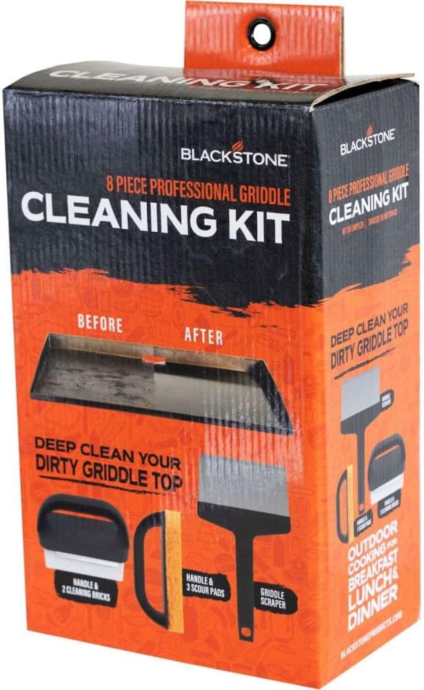 Blackstone 600D Polyester Heavy Duty Flat Top Gas Grill Cover, Black & 8 Pieces Flat Top Grill Accessories Cleaner Tool Set, Black Pack of 2 W329
