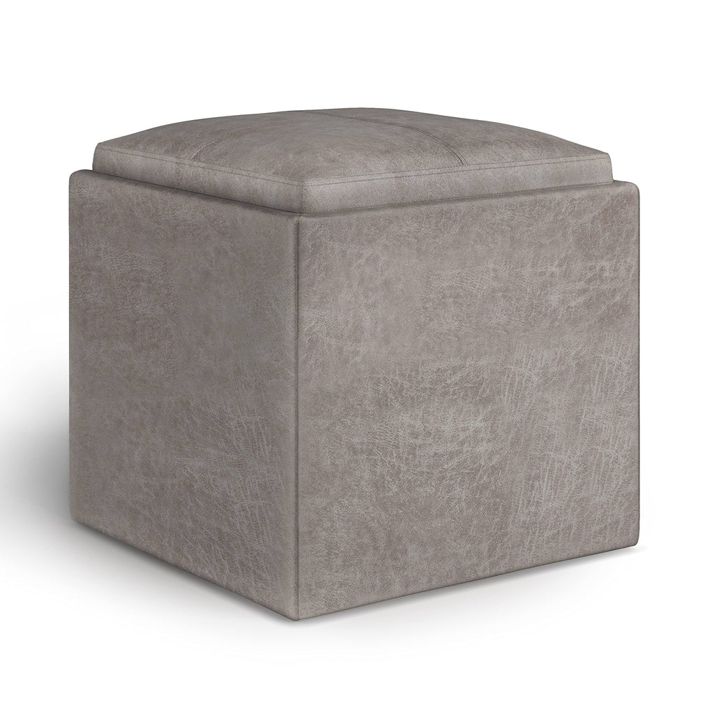Distressed Grey Taupe Faux Leather Cube Storage Ottoman with Tray L6854