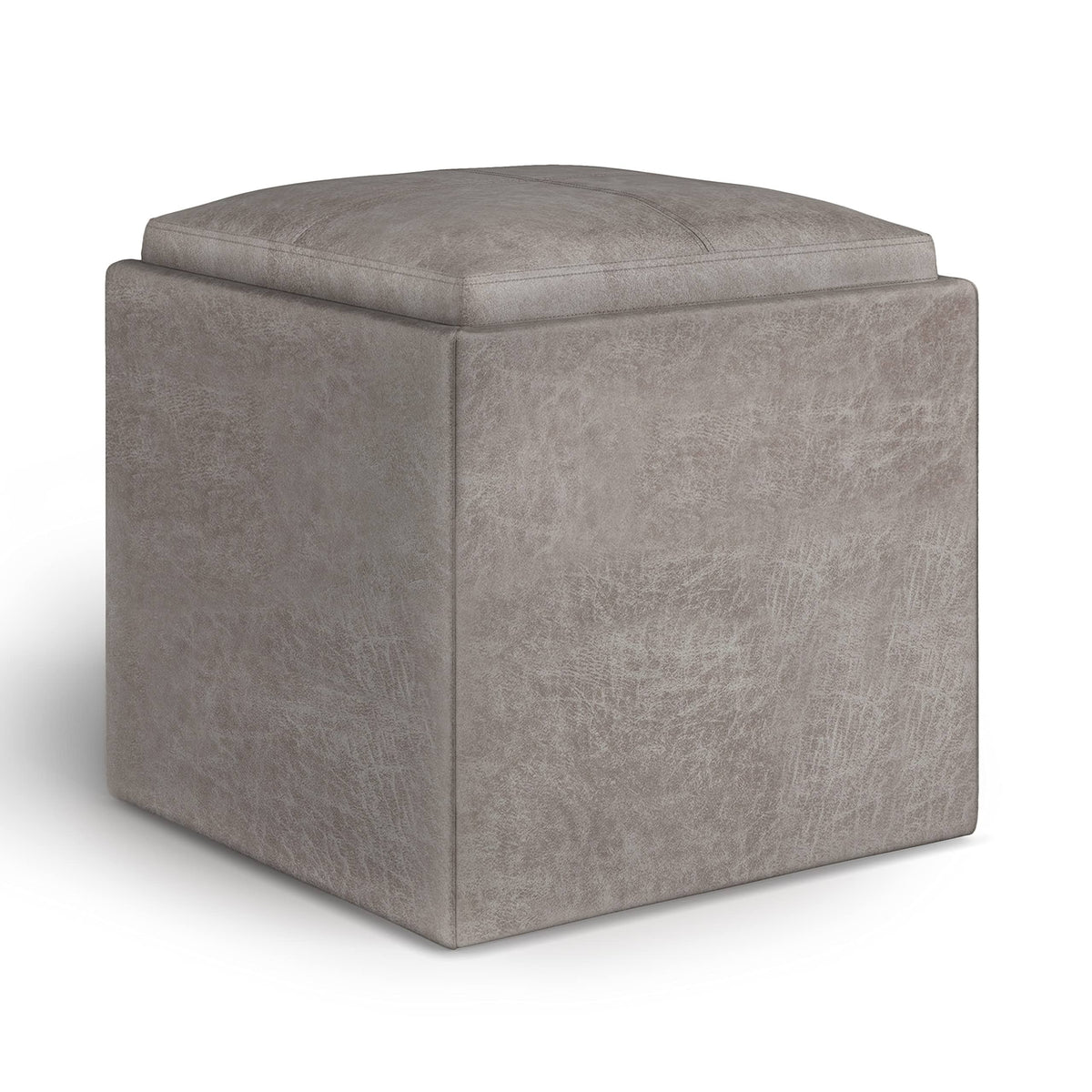 Distressed Grey Taupe Faux Leather Cube Storage Ottoman with Tray L6854