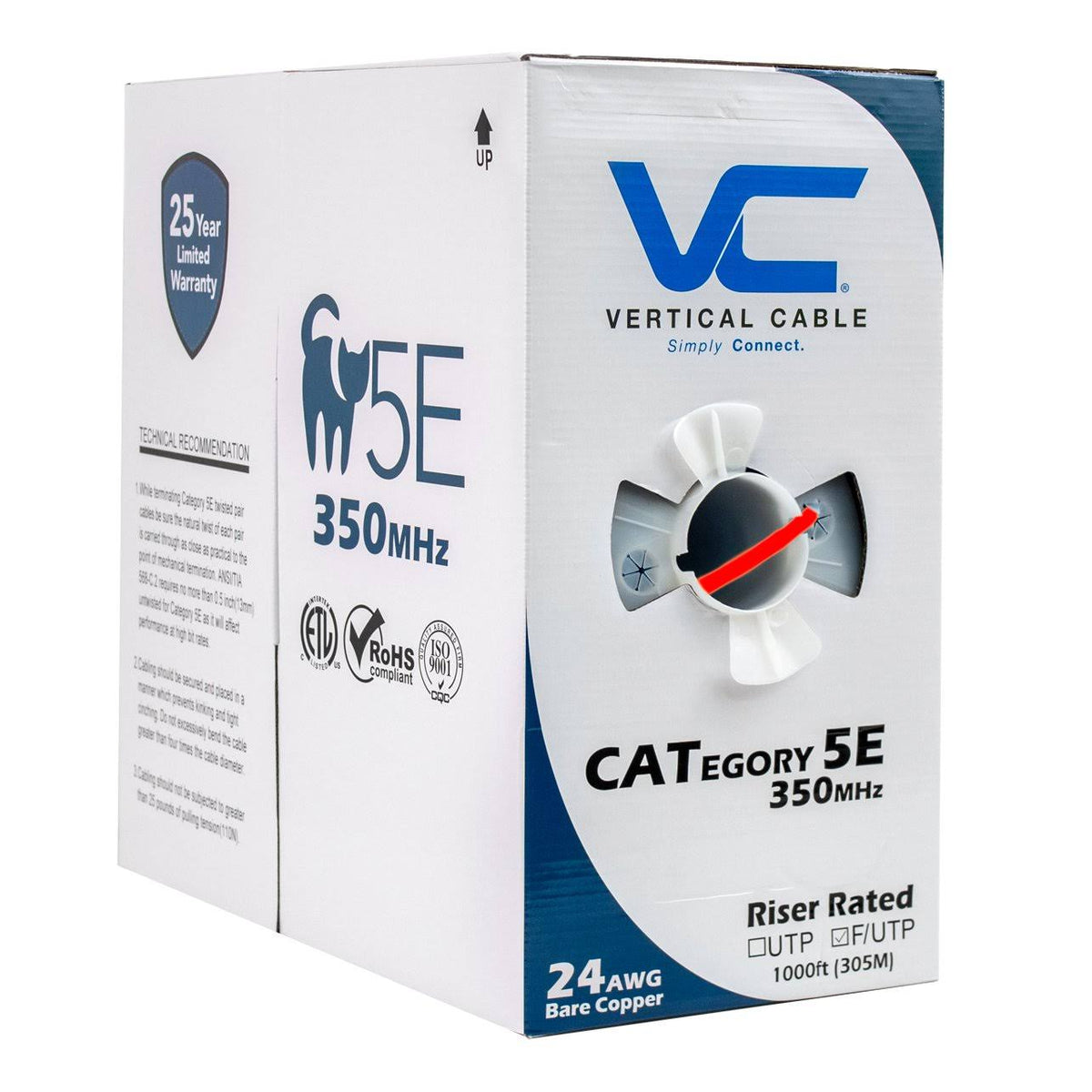 Shielded Cat5e Bulk Ethernet Cable, 24AWG Solid Bare Copper, 1000ft, Red J807