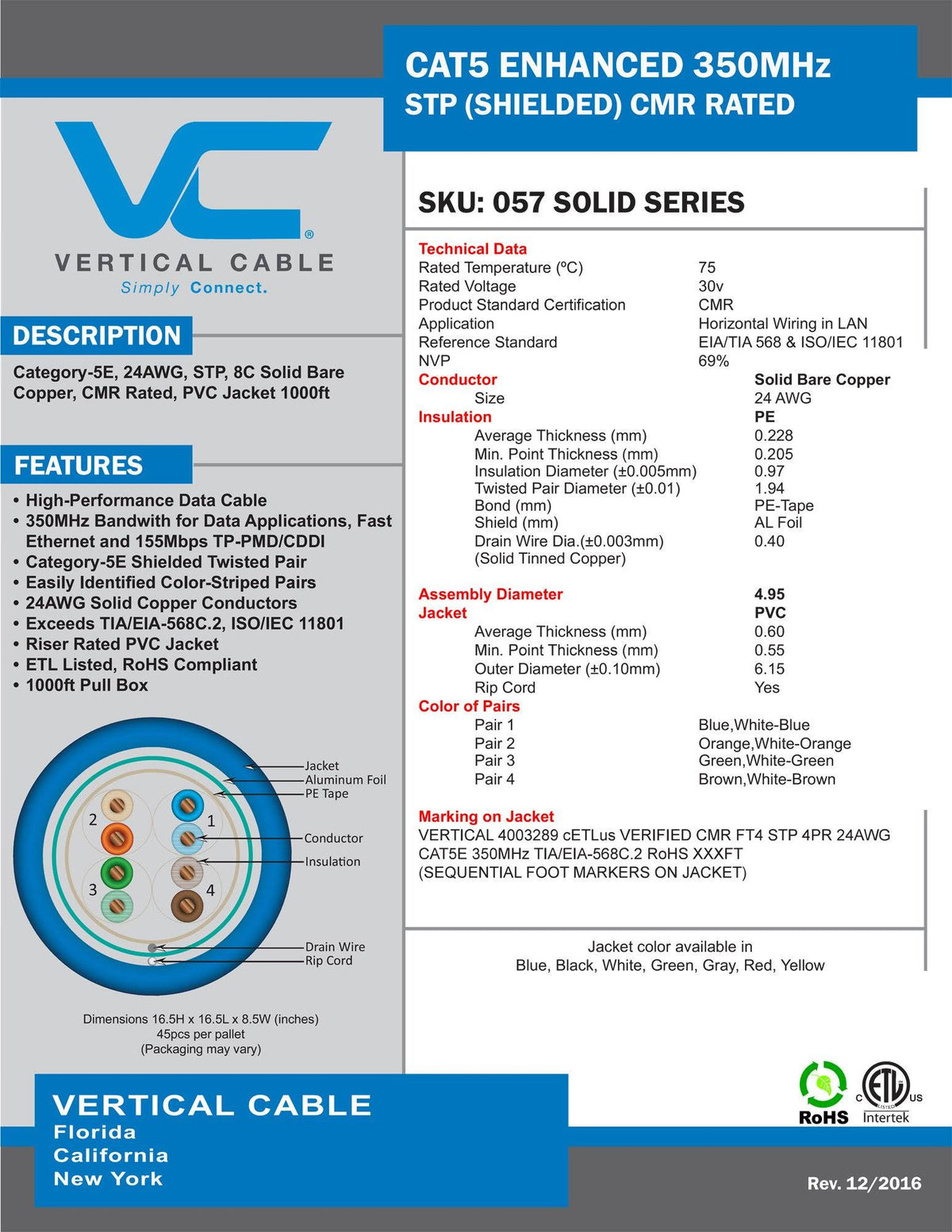 Shielded Cat5e Bulk Ethernet Cable, 24AWG Solid Bare Copper, 1000ft, Red J807