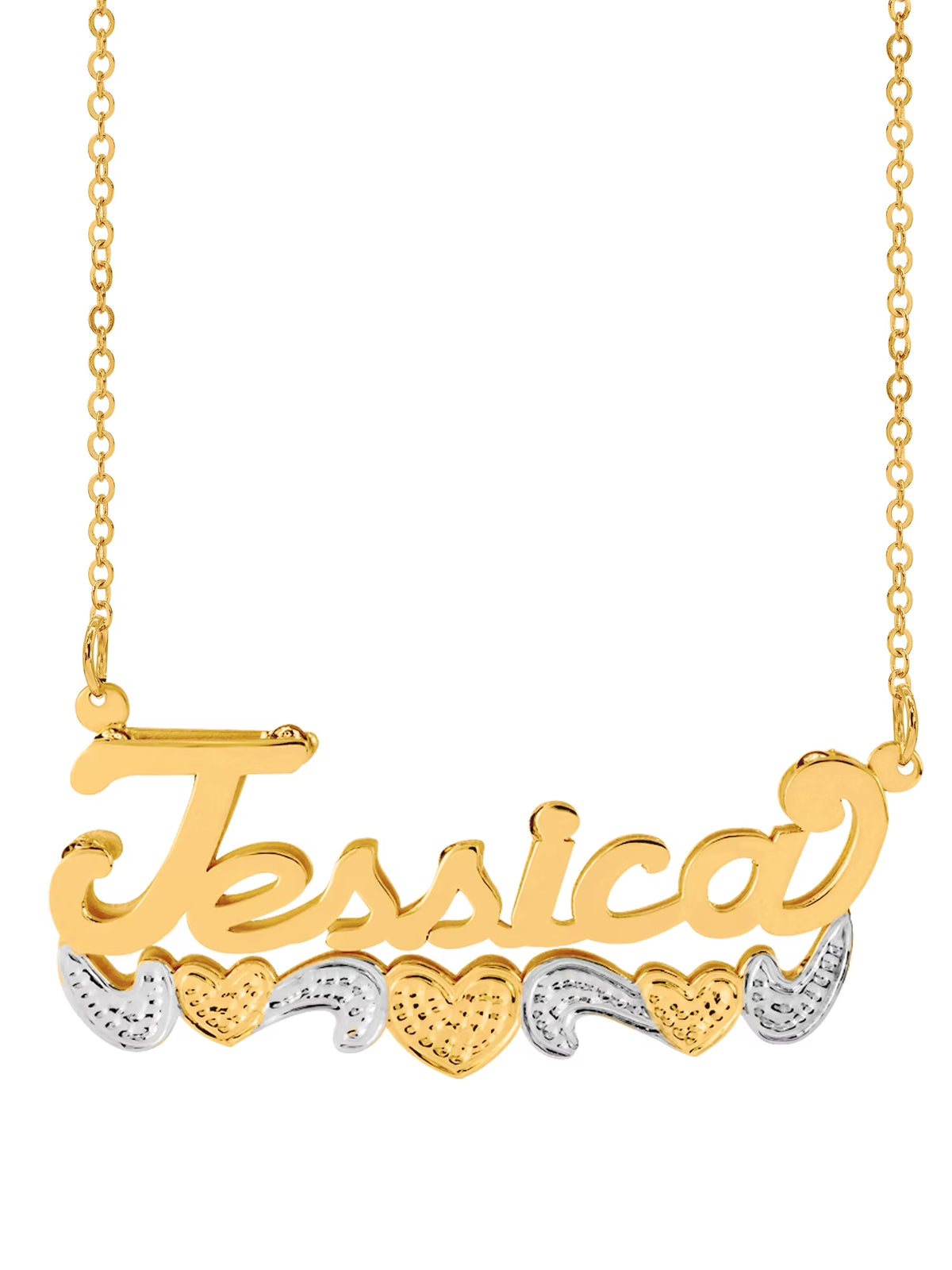 Sterling Silver 14K Gold Plated Double Name Necklace with Hearts and Tail, 18" Link Chain, Spring Ring Clasp C48345