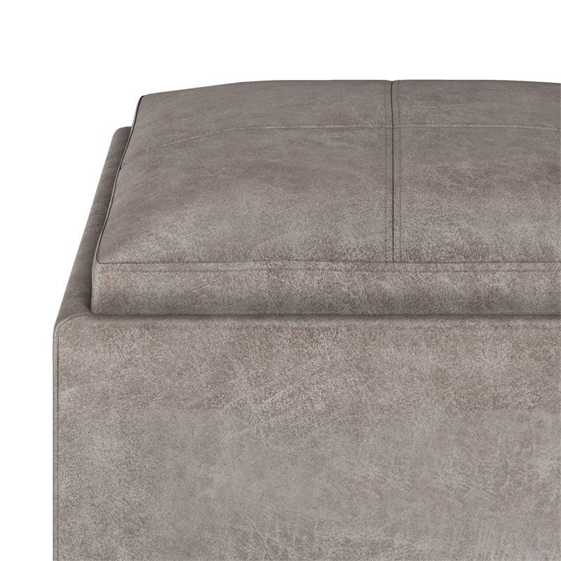 Distressed Grey Taupe Faux Leather Cube Storage Ottoman with Tray L6854