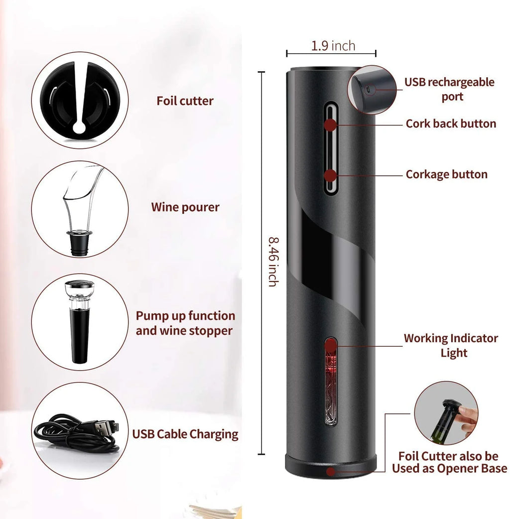 Rechargeable Electric Wine Opener Set with Foil Cutter, Vacuum Stopper and Wine Aerator Pourer U464