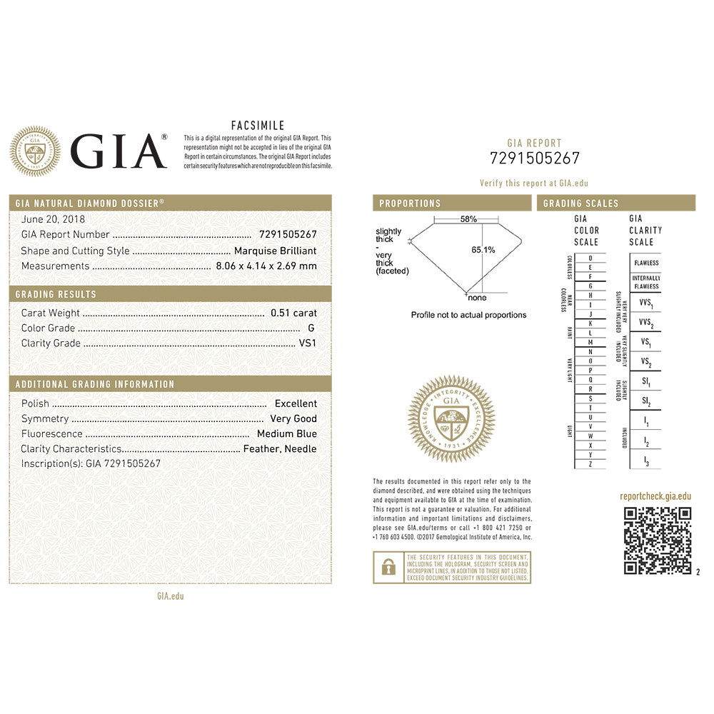 18K Gold Marquise Solitaire Engagement Ring 0.50 Carat GIA Certified U990