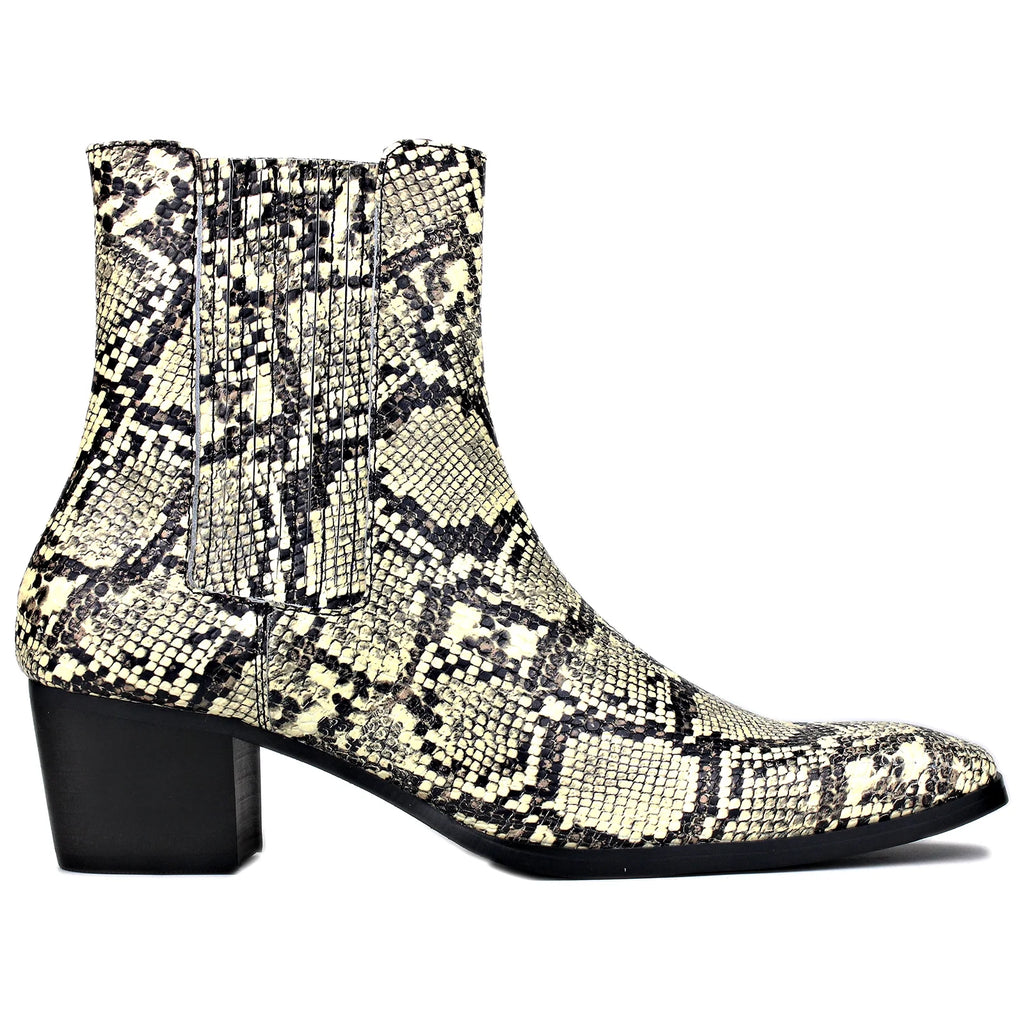 Beige Chelsea Snake Prints Leather Slip-On Dress Boots X262