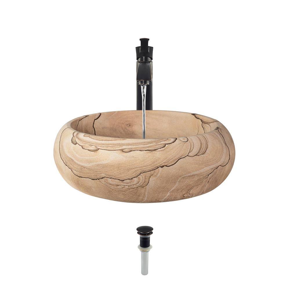 Sandstone Vessel Sink Ensemble with Antique Bronze Finish Faucet, Pop-Up Drain, and Sink Ring B286143