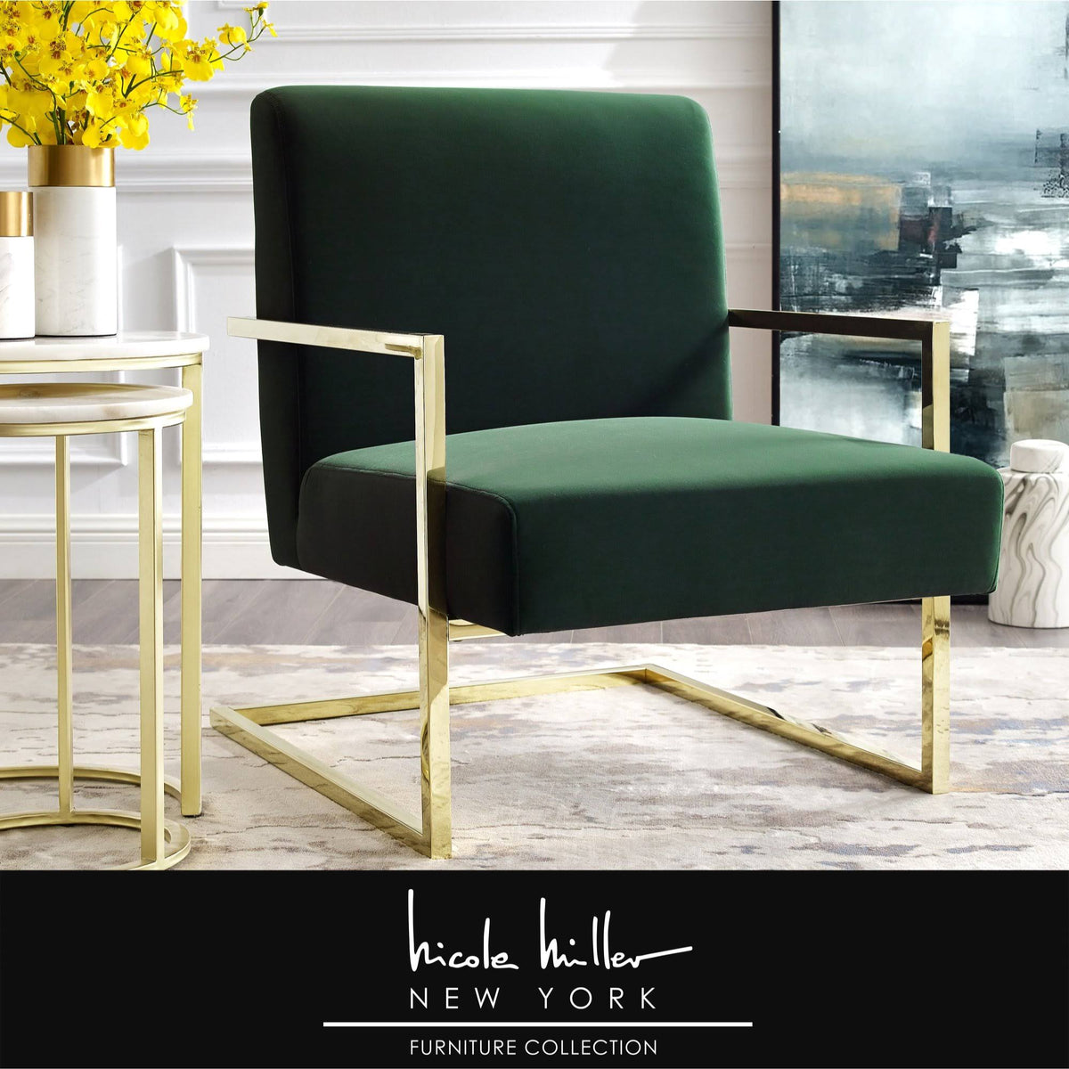 Velvet Accent Chair Square Arm Green/Gold I678706