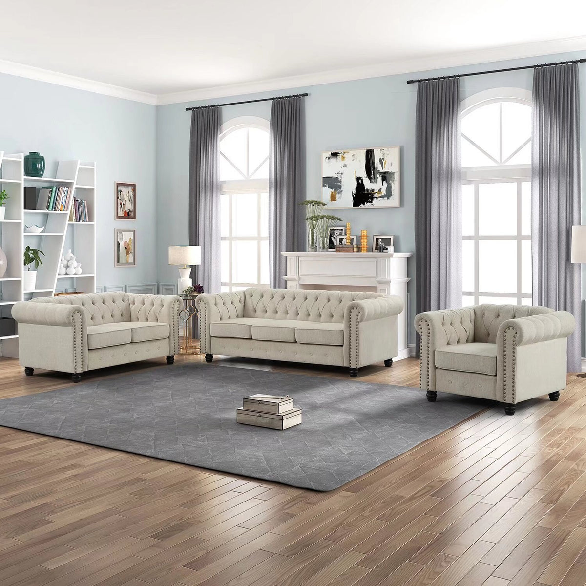 Upholstered Fabric Linen Grey Chesterfield Sofa 3 PCS F289557