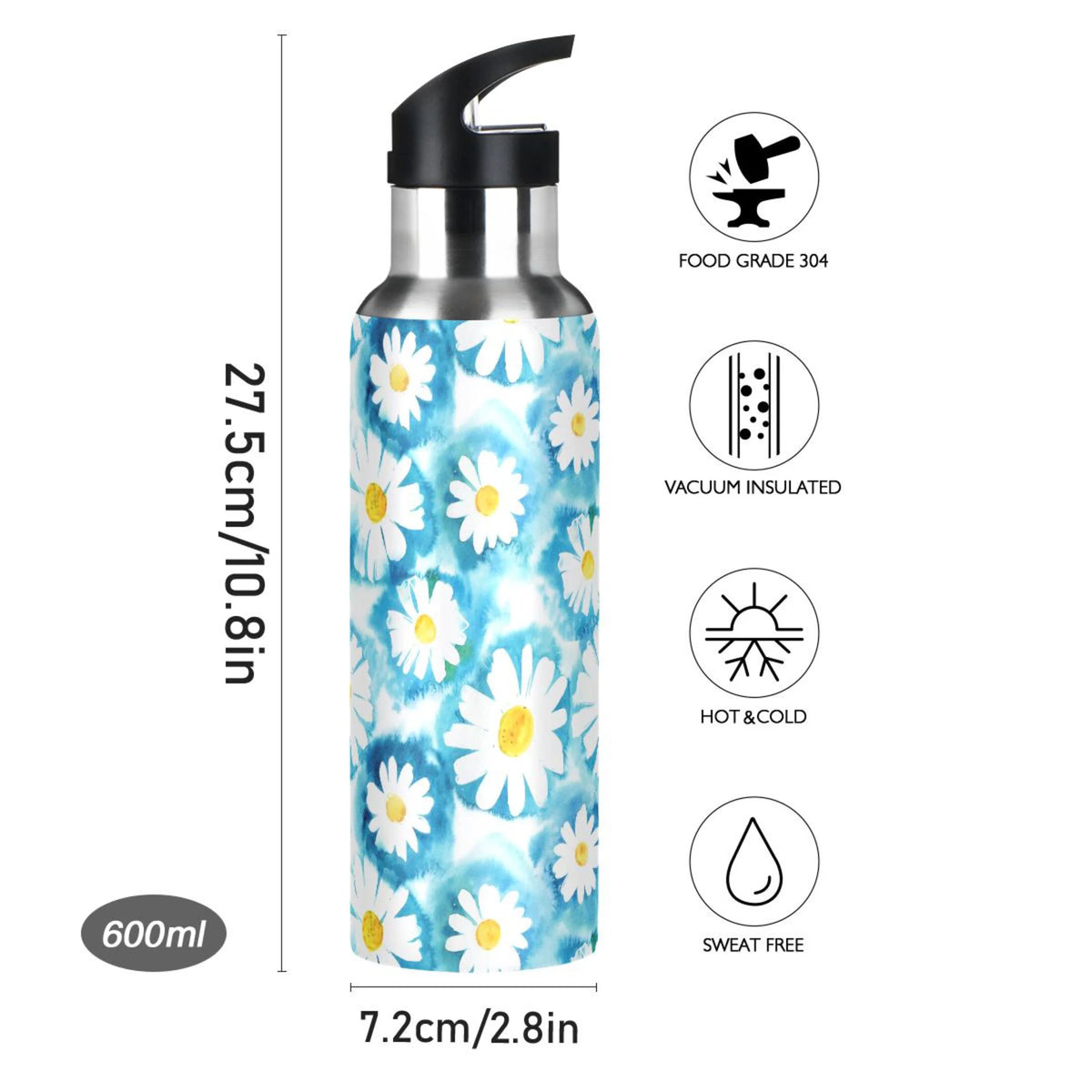 Blue Stainless Steel Insulated Water Bottle with Straw Lid I5907
