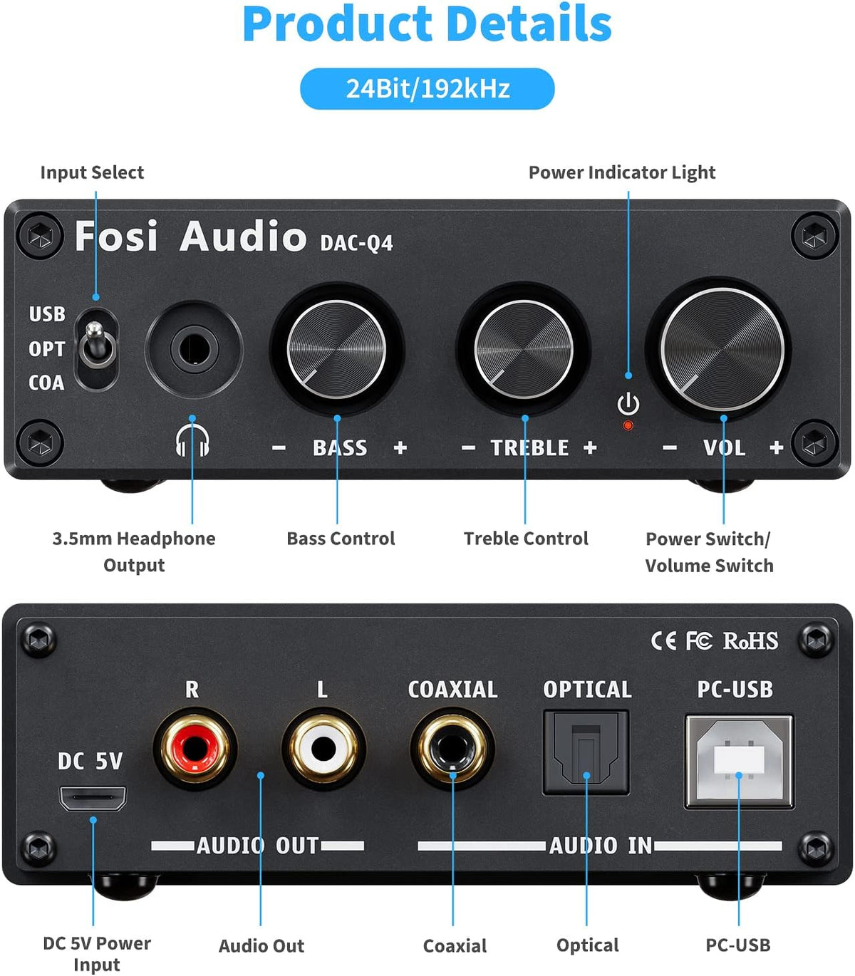 24-Bit 192 KHz USB Optical Coaxial to RCA AUX Digital-to-Analog Audio Converter N1016