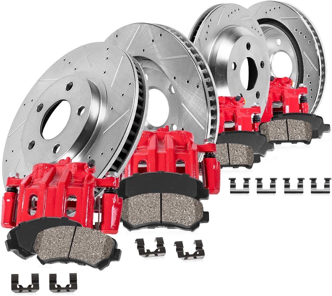 Red Calipers Drilled Slotted Rotors Ceramic Brake Pads Hardware Kit P743