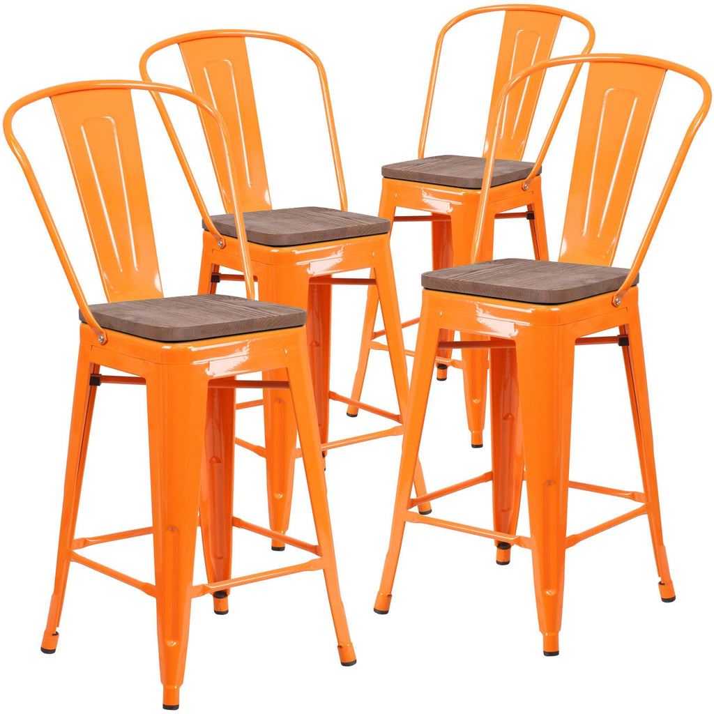 4 Pk Metal Counter Height Stool with Back and Wood Seat, Black-Antique Gold I580859